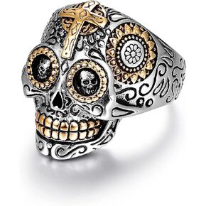 LAOYOU Sugar Skull Rings for Men Women, Stainless Steel Day of the Dead Mens Jewelry, Cool Biker Gothic Ring Christmas halloween Gifts