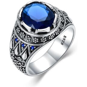 PYTALI Silver Blue Sapphire Ring for Men S925 Sterling Silver Oxidized Ottoman Men's Ring Handmade Elegant Personalized Gemstone Ring for Men Boy Husband Father US Size 4 to 16