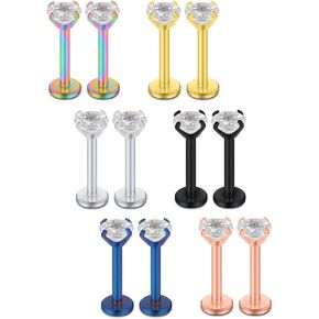 SCERRING 16G Lip Rings 2-4mm Clear CZ Stainless Steel Labret Monroe Lip Ring Tragus Rook Helix Earring Stud Piercing Jewelry Bar Length 6mm 8mm