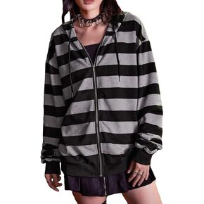 Verdusa Women's Casual Striped Zip Up Long Sleeve Hoodie Loose Sweatshirt Jacket