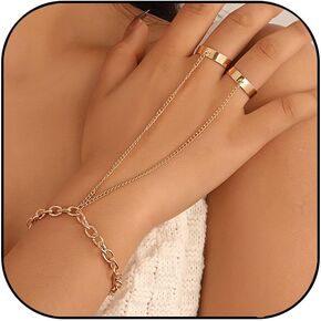Hand Chain 14k Gold Finger Ring Slave Bracelet Hand Chain Ring Bracelet Zircon Hand Jewelry for Women Trendy Summer Essentials Stuff Fashion Boho Beach Jewelry Gifts