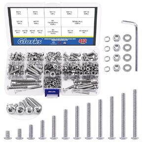 Glarks 925Pcs M2 M3 M4 M5 M6 Button Head Screws 304 Stainless Steel Hex Socket Cap Screws Bolts and Nuts Washers Assortment Kit with Hex Wrench for Machinery Furniture Car Repair