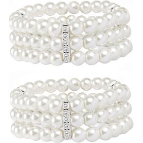 2-8Pcs 1920s Flapper Imitation Pearl Bracelet 3-Rows Stretch Bracelet Multi-Layered Elastic Bangle Bridal Wedding Jewelry Roaring 20s Accessories Jewelry Gifts