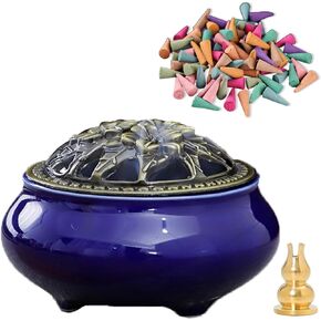 Incense Burner with Lid, Incense Bowl Holder， Cone Incense Burner, Ceramic Censer Suitable for Incense/Cone/Coil/Sticks, There are 20 Incense Cones+ Metal Incense Holder Inside.