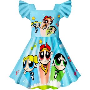Toddler Girls Sweet Princess Dress Kids Square Neck TV Cartoon Casual Dress Birthday Gift