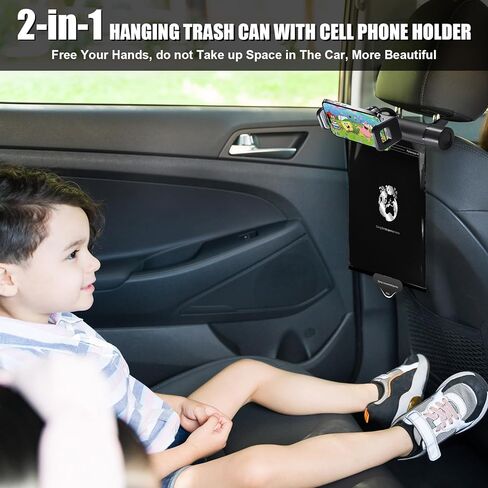 AnTom Car Trash Can,Multipurpose Mobile Phone Stand Trashcan, Car Accessories Hanging Garbage Can,Aluminum Alloy Rotary Storage Trash Bin,Waterproof 40 Attached Trash Bag(Black) in Kuwait