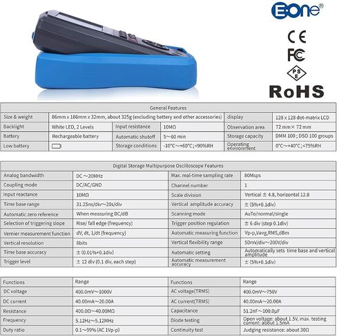 EONE ET310B Bluetooth Oscilloscope Multimeter, Connectable to Android Phone, Handheld Digital Oscilloscopes Kit DSO+DMM, 80M Sampling 20MHz Bandwidth, Auto Waveform Capture in Saudi Arabia