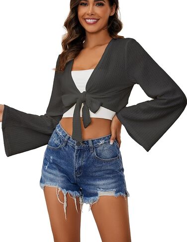 YYA Women's Tie Front Cardigan Shrug Sweater Long Sleeve Knotted Lightweight Short Shawl Top S-XL in Saudi Arabia