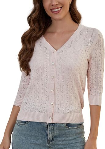 Cotton Cardigan Sweaters for Women: Lightweight Button Down Womens Cardigan 3/4 Sleeve V Neck Hollow Out Cardigan in Saudi Arabia