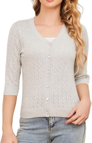 Cotton Cardigan Sweaters for Women: Lightweight Button Down Womens Cardigan 3/4 Sleeve V Neck Hollow Out Cardigan in Saudi Arabia