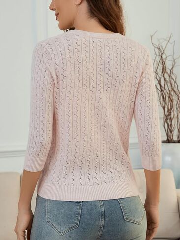 Cotton Cardigan Sweaters for Women: Lightweight Button Down Womens Cardigan 3/4 Sleeve V Neck Hollow Out Cardigan in Saudi Arabia