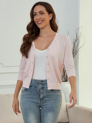 Cotton Cardigan Sweaters for Women: Lightweight Button Down Womens Cardigan 3/4 Sleeve V Neck Hollow Out Cardigan in Saudi Arabia