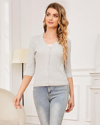 Cotton Cardigan Sweaters for Women: Lightweight Button Down Womens Cardigan 3/4 Sleeve V Neck Hollow Out Cardigan in Saudi Arabia