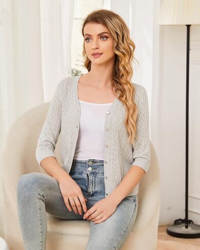 Cotton Cardigan Sweaters for Women: Lightweight Button Down Womens Cardigan 3/4 Sleeve V Neck Hollow Out Cardigan in Saudi Arabia