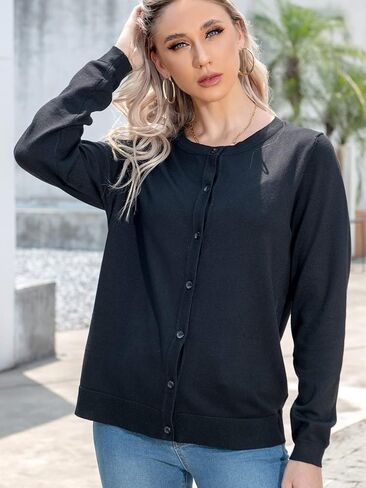 Cardigan Sweaters for Women Lightweight: Solid Color Long Sleeve Womens Cardigans Button Down Crewneck Knit Cardigan in Kuwait