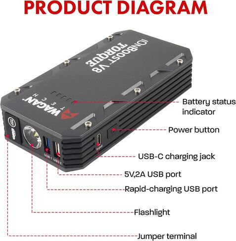 Wagan EL7507 Jump Starter iOnBoost V10 Torque 1000Amp Peak 12V بطارية سيارة ليثيوم محمولة تصل إلى 7.8 لتر V10 أو 6.7 لتر ديزل، حزمة قفز 12 فولت مع ضوء ساطع LED مدمج، معتمد من UL in Saudi Arabia