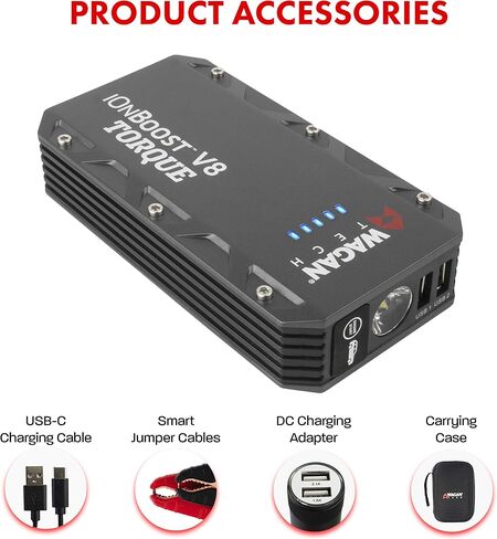 Wagan EL7507 Jump Starter iOnBoost V10 Torque 1000Amp Peak 12V بطارية سيارة ليثيوم محمولة تصل إلى 7.8 لتر V10 أو 6.7 لتر ديزل، حزمة قفز 12 فولت مع ضوء ساطع LED مدمج، معتمد من UL in Saudi Arabia