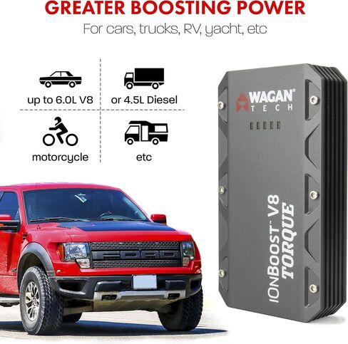 Wagan EL7507 Jump Starter iOnBoost V10 Torque 1000Amp Peak 12V بطارية سيارة ليثيوم محمولة تصل إلى 7.8 لتر V10 أو 6.7 لتر ديزل، حزمة قفز 12 فولت مع ضوء ساطع LED مدمج، معتمد من UL in Saudi Arabia