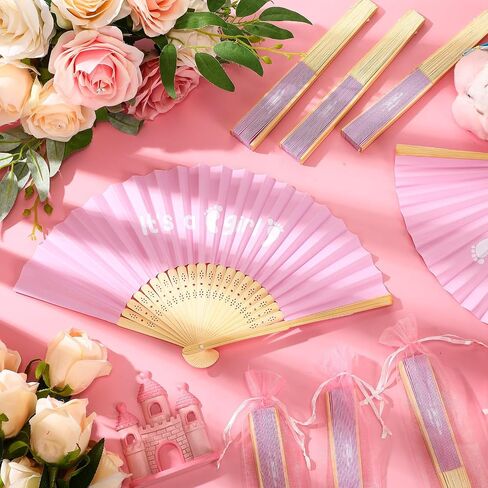 Sintuff 50 Set Baby Shower Folding Handheld Fans with Gift Bags Foldable Bamboo Hand Fan with Organza Bags Decorative Handheld Fan for Baby Shower Party Gift and Home Decoration (Boy) in Saudi Arabia