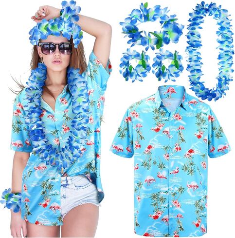 Cozypower 5 Pcs Summer Hawaii Shirts Accessories Set V Neck T Shirt Short Sleeve Luau Flower Leis Necklace Bracelets Headband in Saudi Arabia