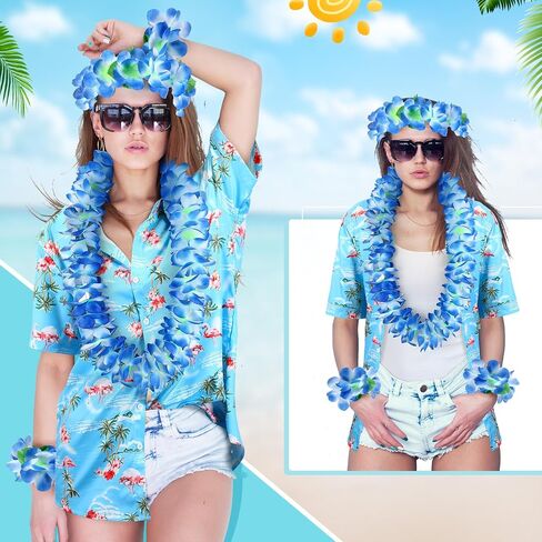 Cozypower 5 Pcs Summer Hawaii Shirts Accessories Set V Neck T Shirt Short Sleeve Luau Flower Leis Necklace Bracelets Headband in Saudi Arabia