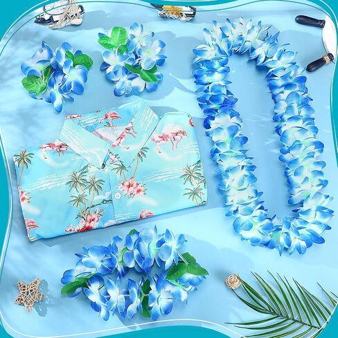 Cozypower 5 Pcs Summer Hawaii Shirts Accessories Set V Neck T Shirt Short Sleeve Luau Flower Leis Necklace Bracelets Headband in Saudi Arabia