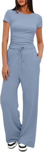 Narecte Women's 2 Piece Outfits Lounge Sets 2024 Ruched Short Sleeve Tops with Wide Leg Pants Summer Tracksuit Sets in Saudi Arabia