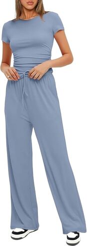 Narecte Women's 2 Piece Outfits Lounge Sets 2024 Ruched Short Sleeve Tops with Wide Leg Pants Summer Tracksuit Sets in Saudi Arabia