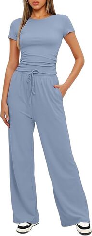 Narecte Women's 2 Piece Outfits Lounge Sets 2024 Ruched Short Sleeve Tops with Wide Leg Pants Summer Tracksuit Sets in Saudi Arabia