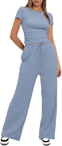 Narecte Women's 2 Piece Outfits Lounge Sets 2024 Ruched Short Sleeve Tops with Wide Leg Pants Summer Tracksuit Sets in Saudi Arabia