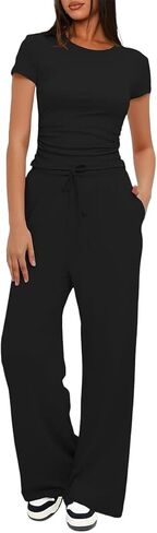 Narecte Women's 2 Piece Outfits Lounge Sets 2024 Ruched Short Sleeve Tops with Wide Leg Pants Summer Tracksuit Sets in Saudi Arabia