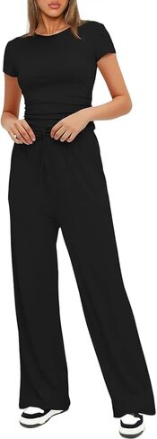 Narecte Women's 2 Piece Outfits Lounge Sets 2024 Ruched Short Sleeve Tops with Wide Leg Pants Summer Tracksuit Sets in Saudi Arabia