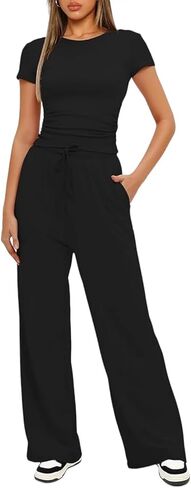 Narecte Women's 2 Piece Outfits Lounge Sets 2024 Ruched Short Sleeve Tops with Wide Leg Pants Summer Tracksuit Sets in Saudi Arabia