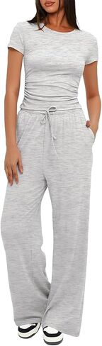 Narecte Women's 2 Piece Outfits Lounge Sets 2024 Ruched Short Sleeve Tops with Wide Leg Pants Summer Tracksuit Sets in Saudi Arabia