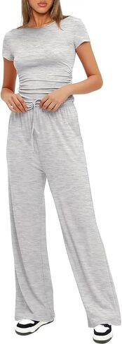 Narecte Women's 2 Piece Outfits Lounge Sets 2024 Ruched Short Sleeve Tops with Wide Leg Pants Summer Tracksuit Sets in Saudi Arabia