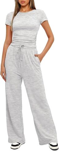 Narecte Women's 2 Piece Outfits Lounge Sets 2024 Ruched Short Sleeve Tops with Wide Leg Pants Summer Tracksuit Sets in Saudi Arabia