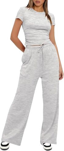 Narecte Women's 2 Piece Outfits Lounge Sets 2024 Ruched Short Sleeve Tops with Wide Leg Pants Summer Tracksuit Sets in Saudi Arabia