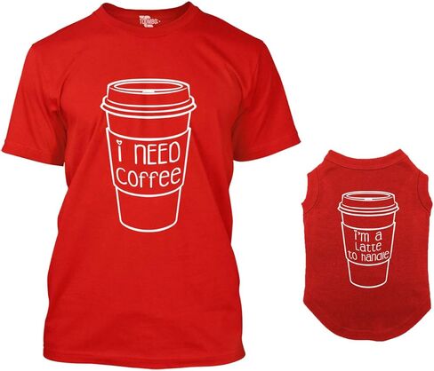 قميص I Need Coffee/I'm A Latte to التعامل مع قميص كلب متطابق وتي شيرت نسائي (أسود، مقاس متوسط ​​للسيدات/X-Small Dog) in Saudi Arabia