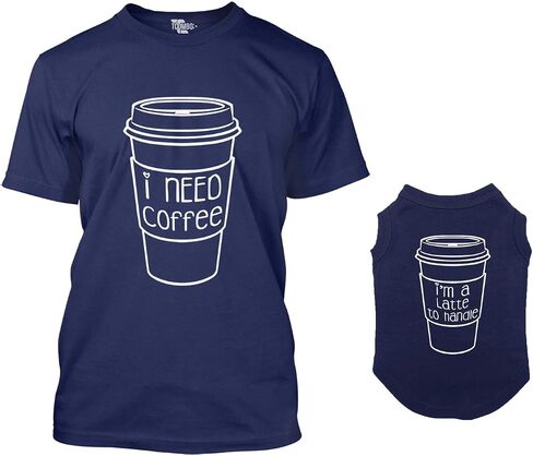 قميص I Need Coffee/I'm A Latte to التعامل مع قميص كلب متطابق وتي شيرت نسائي (أسود، مقاس متوسط ​​للسيدات/X-Small Dog) in Saudi Arabia