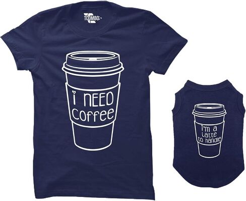 قميص I Need Coffee/I'm A Latte to التعامل مع قميص كلب متطابق وتي شيرت نسائي (أسود، مقاس متوسط ​​للسيدات/X-Small Dog) in Saudi Arabia