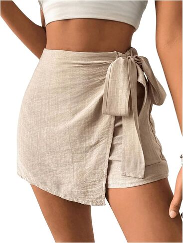 WDIRARA Women's Belted High Waist Mini Wrap Shorts Casual Asymmetrical Hem Skorts in Saudi Arabia