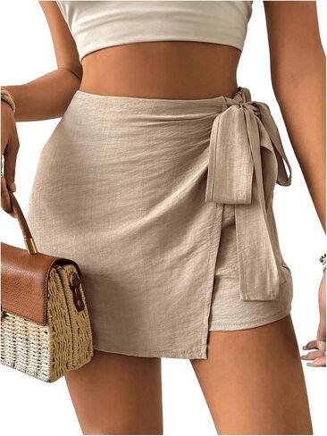 WDIRARA Women's Belted High Waist Mini Wrap Shorts Casual Asymmetrical Hem Skorts in Saudi Arabia