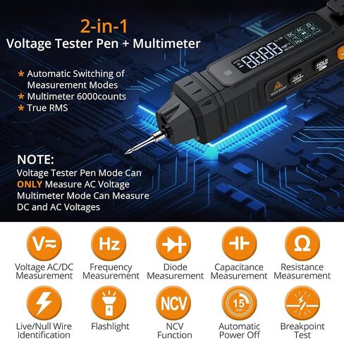 Neoteck 2 in 1 Pen Type Digital Multimeter Non-Contact Voltage Tester 6000 Counts Intelligent Multimeter with LCD Display for AC/DC Voltage Resistance Diode Continuity Capacitance Frequency in Saudi Arabia