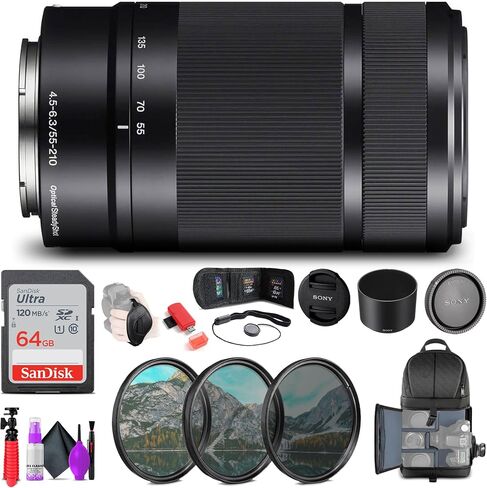 عدسة Sony E مقاس 55-210 مم f/4.5-6.3 OSS (أسود) + مجموعة مرشحات مكونة من 3 قطع + حقيبة ظهر + بطاقة ذاكرة سعة 64 جيجابايت + حامل ثلاثي مرن + محفظة بطاقة الذاكرة + حافظة غطاء العدسة + طقم تنظيف العدسة + حزام اليد - حزمة in Saudi Arabia