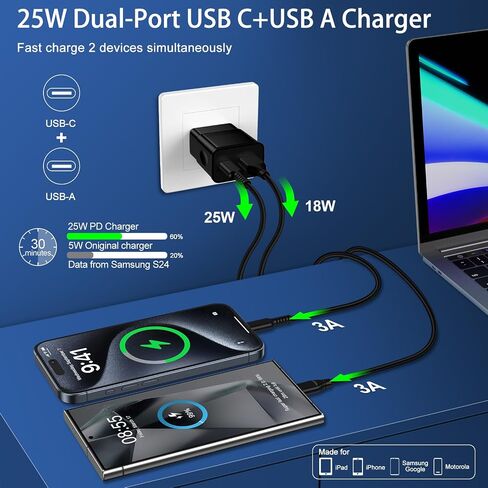 Motorola Charger Fast Android Charger for Motorola Edge Razr Edge 50 Ultra Pro X50, Moto G 2024 G Stylus 5G G Power G Play G Pure 2023 One 5G Ace, 25W 2 Port Type C Phone Charging Block 6FT USBC Cable in Saudi Arabia