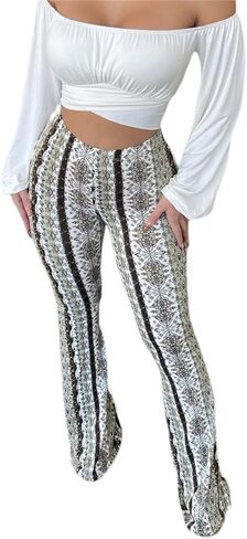 Winioder Women Boho Flare Pants High Waisted Stretch Bell Bottom Yoga Pants Hippie Flared Leggings 70s Wide Leg Palazzo Pants in Kuwait