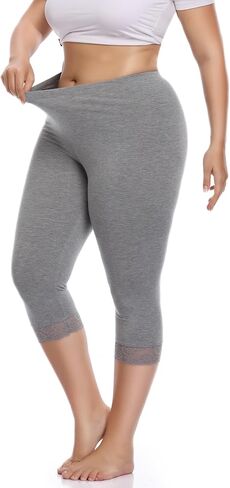 Women's Plus Size Capri Leggings Lace Trim High Waisted Stretchy Soft Crop Pants in Saudi Arabia