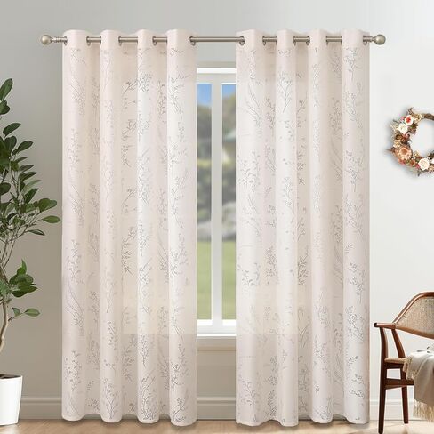 White Boho Sheer Curtain 63 Inch Length for Living Room Home Decoration Grommet Floral Elegant Window Treatments with Light Filtering for Bedroom Bathroom Western Curtains, W55 X L63, Ivory in Saudi Arabia