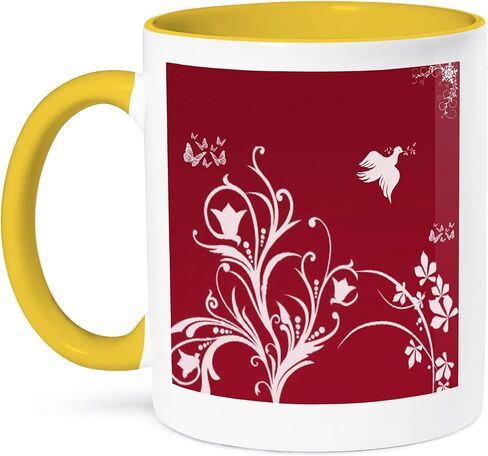 3dRose Floral Pattern in White on a Red Background with Dove and Butterflies. Ceramic Mug, 11-Ounce in Kuwait