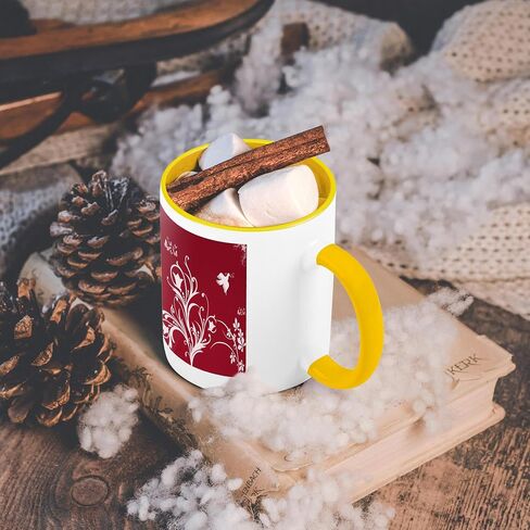 3dRose Floral Pattern in White on a Red Background with Dove and Butterflies. Ceramic Mug, 11-Ounce in Kuwait